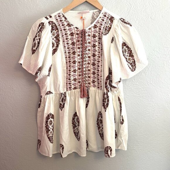 Knox Rose Women's Medium White Paisley Babydoll Top Lightweight Boho Flutter Sle - Picture 1 of 16